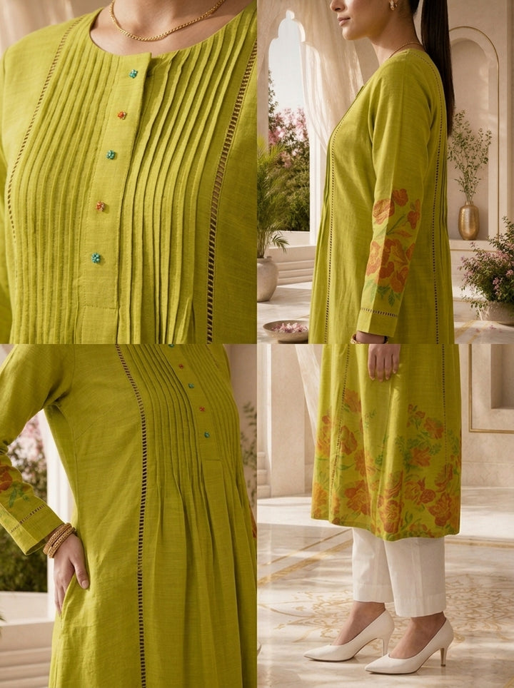 Green Rayon Pleated Design Kurta