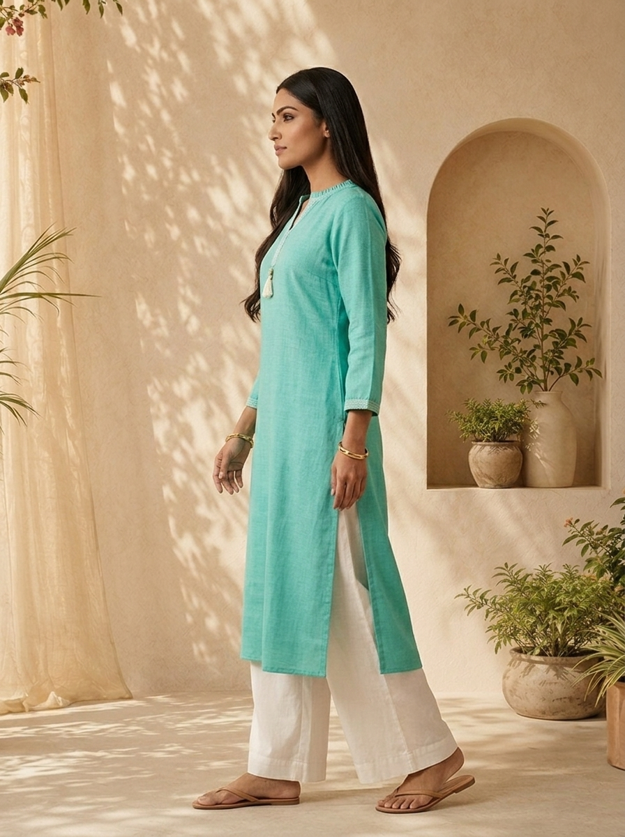 Mint Aqua Solid Design And Thread Embroidery Linen Kurta