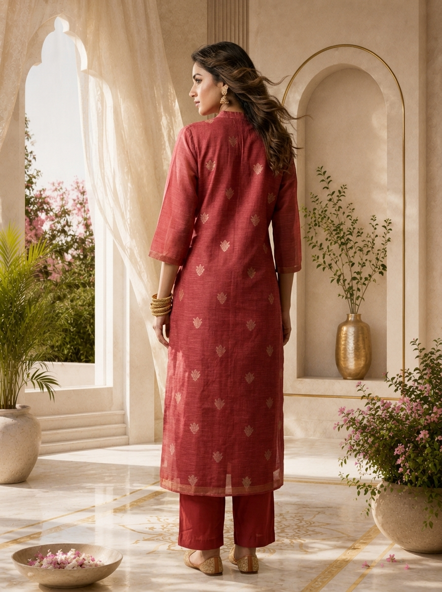Rose Pink Silk Two Piece Set With Gold Leaf Motifs