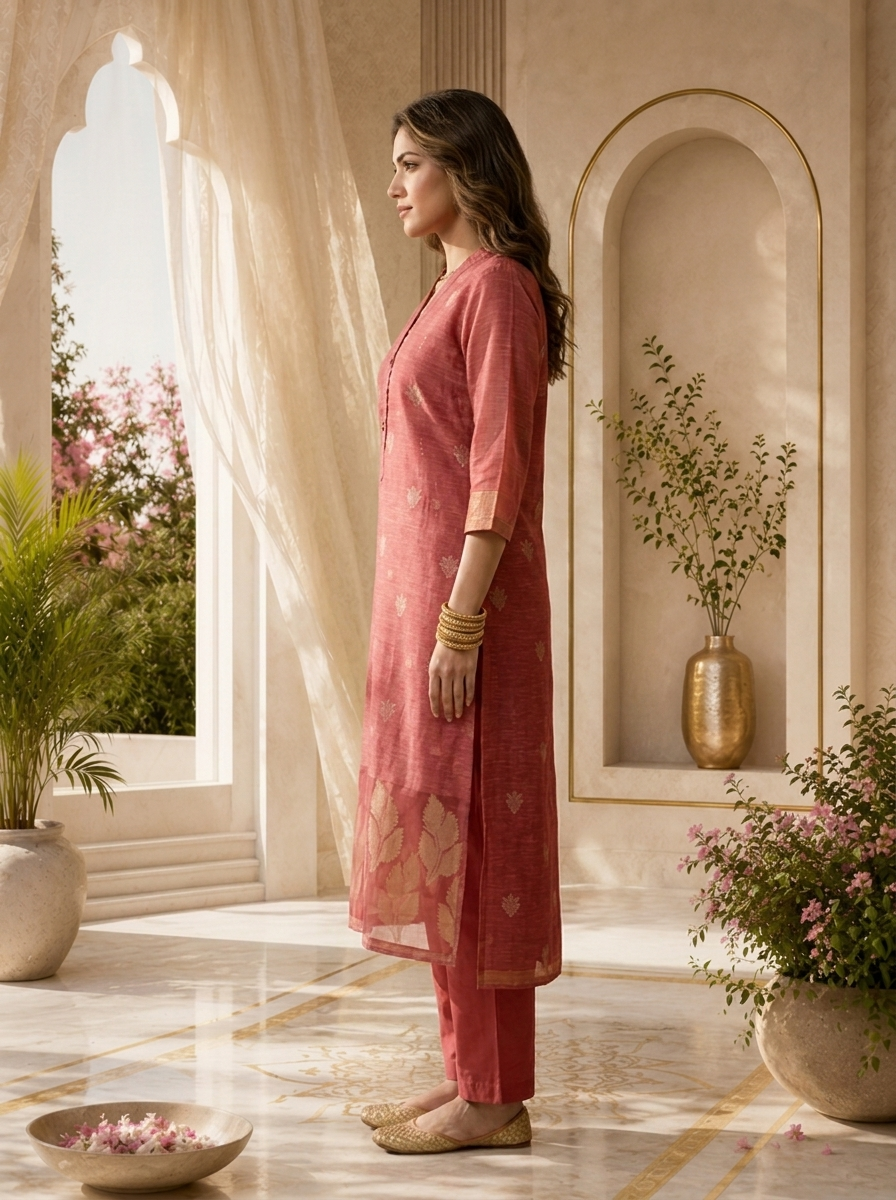 Rose Pink Silk Two Piece Set With Gold Leaf Motifs