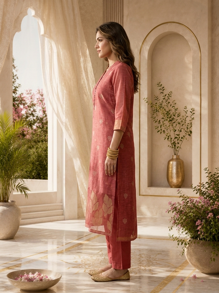 Rose Pink Silk Two Piece Set With Gold Leaf Motifs