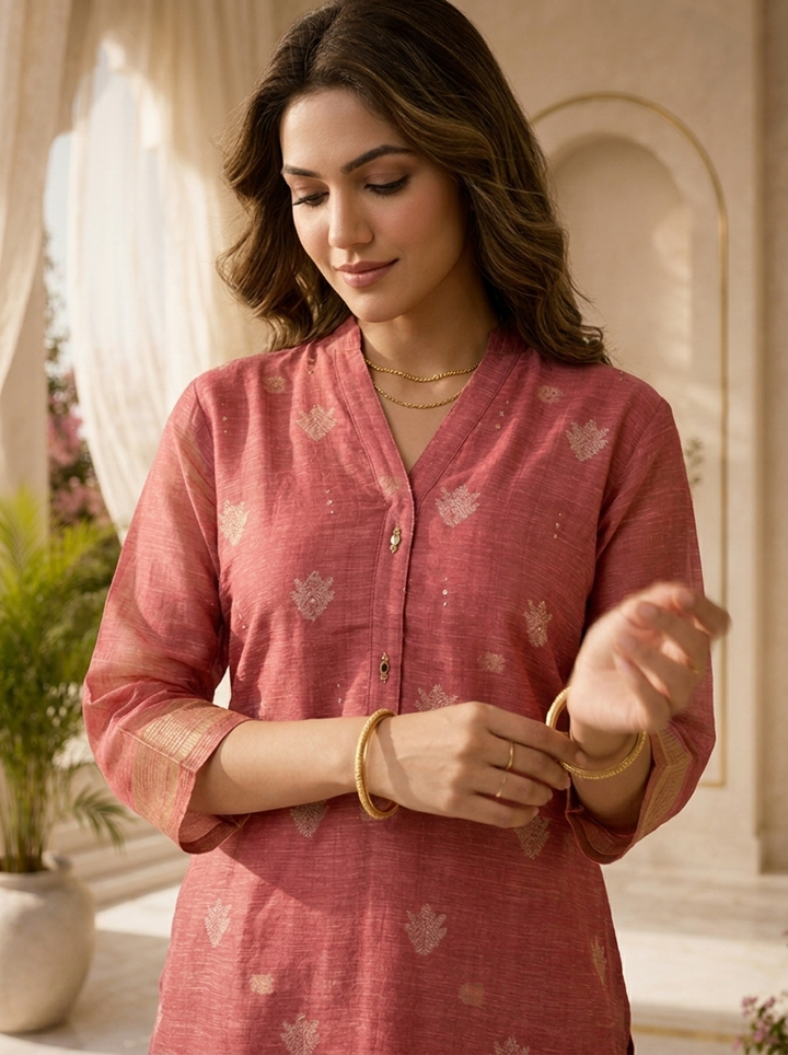 Rose Pink Silk Two Piece Set With Gold Leaf Motifs