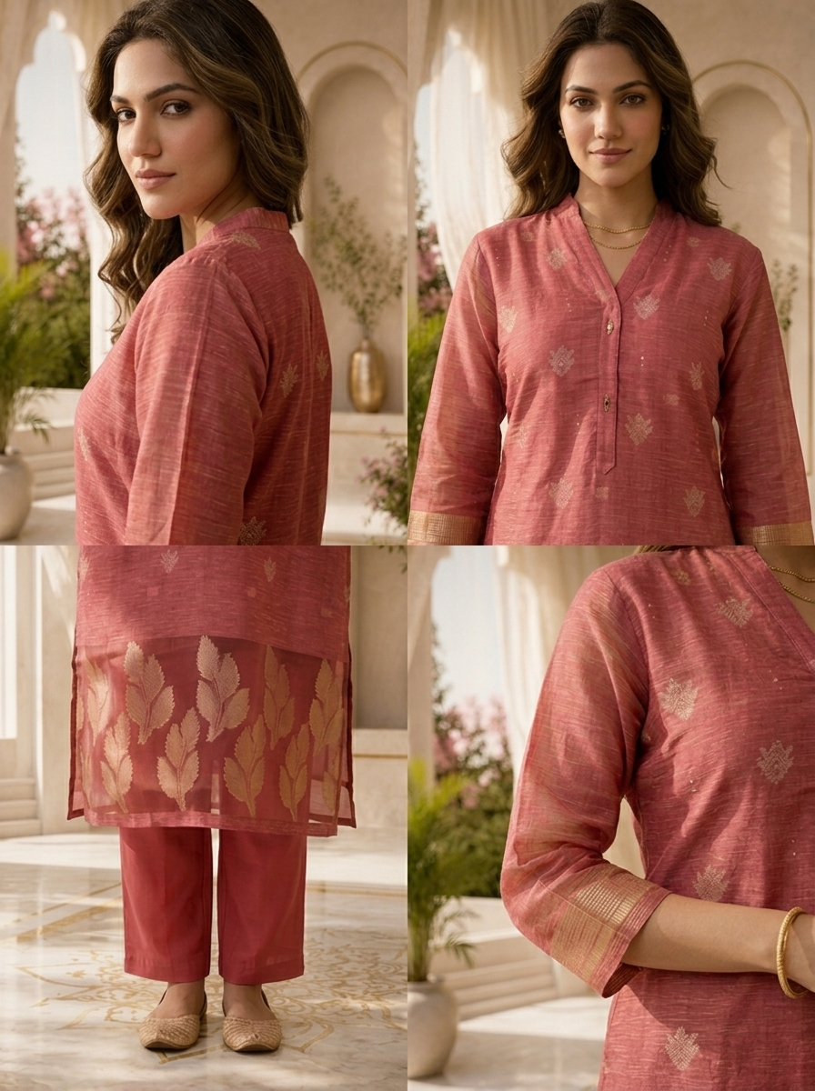 Rose Pink Silk Two Piece Set With Gold Leaf Motifs