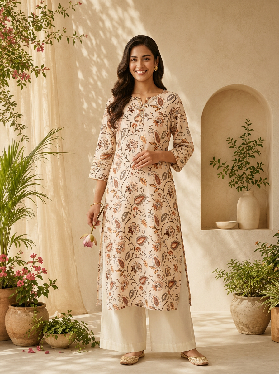 Off White Linen Floral Printed And Sequins Embroidery Kurta