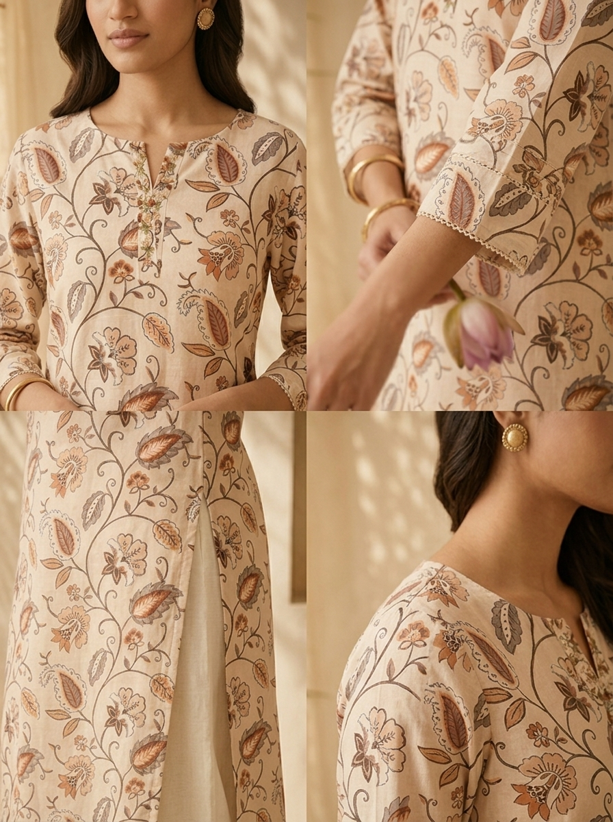 Off White Linen Floral Printed And Sequins Embroidery Kurta