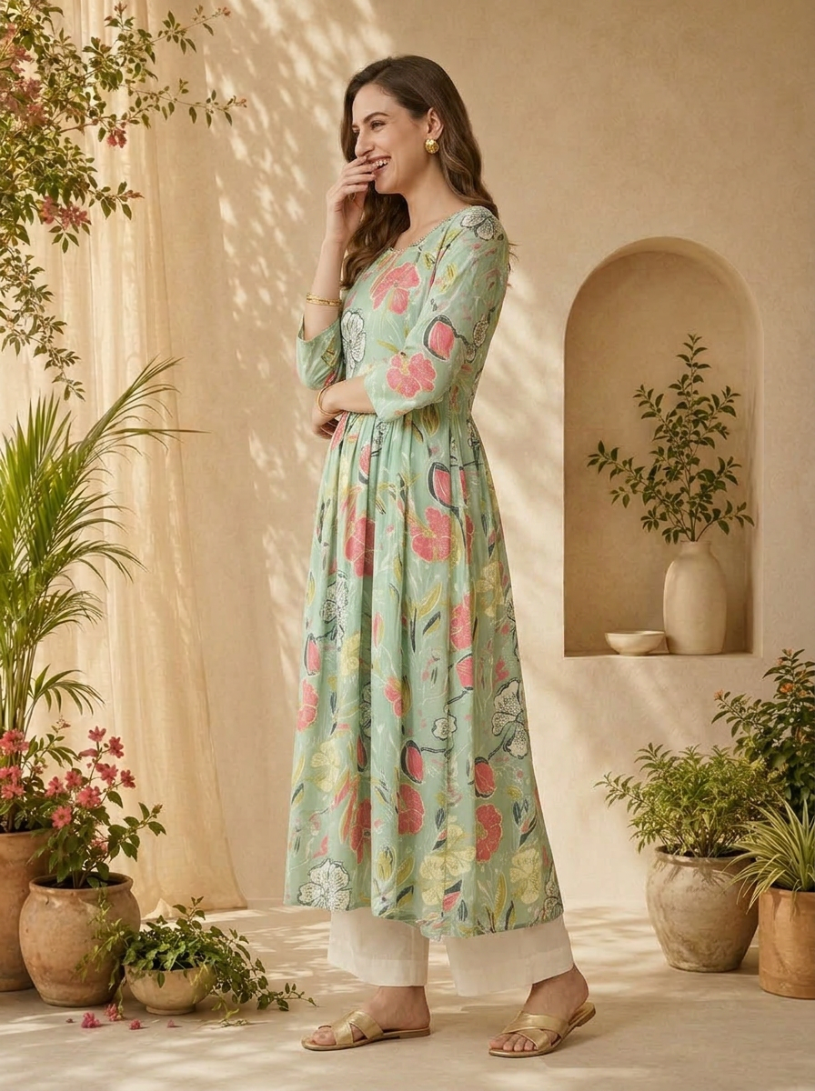 Pista Beads Embroidery And Floral Printed Long Dress