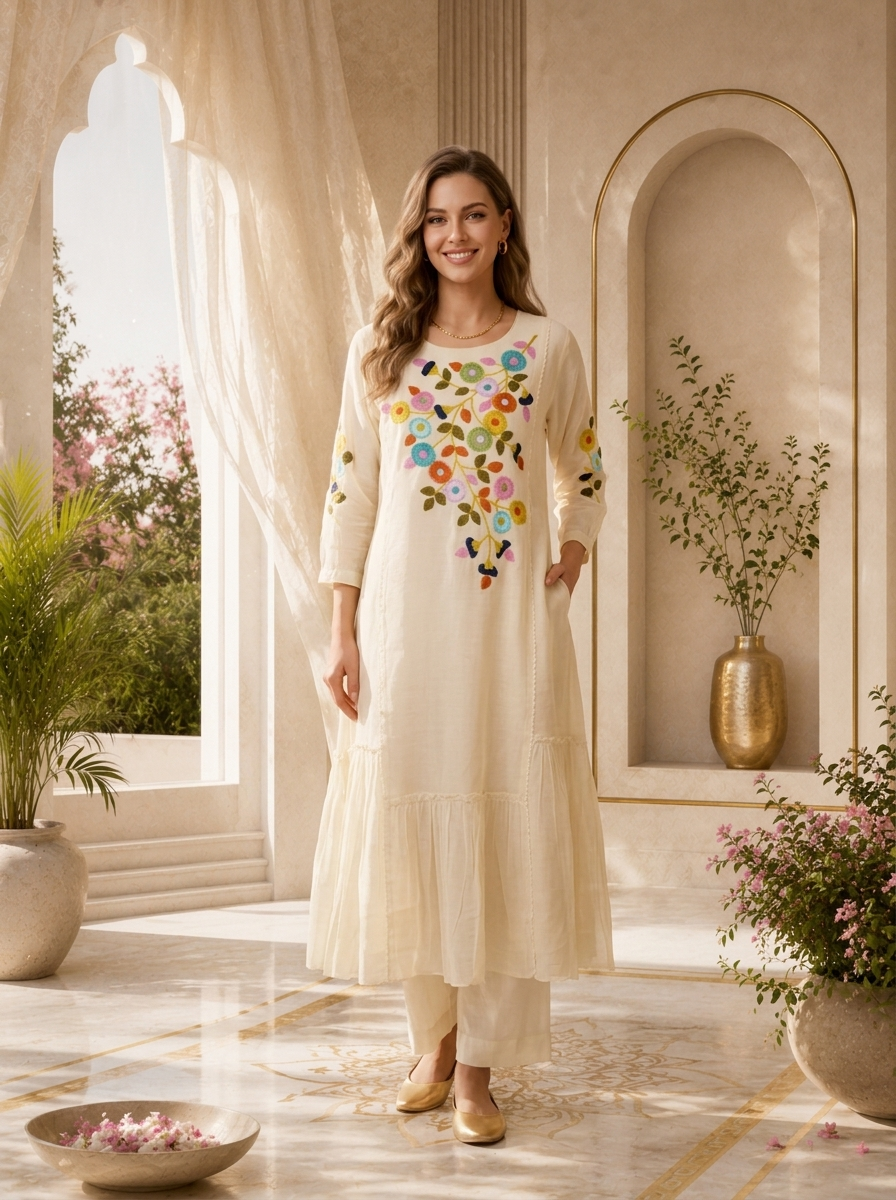 White Chanderi Floral Thread Embroidered Long Dress