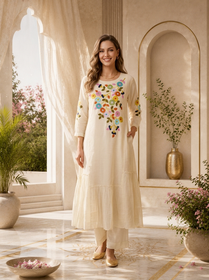 White Chanderi Floral Thread Embroidered Long Dress