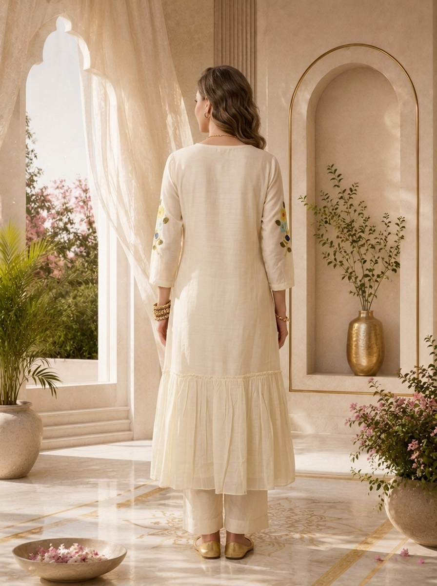 White Chanderi Floral Thread Embroidered Long Dress
