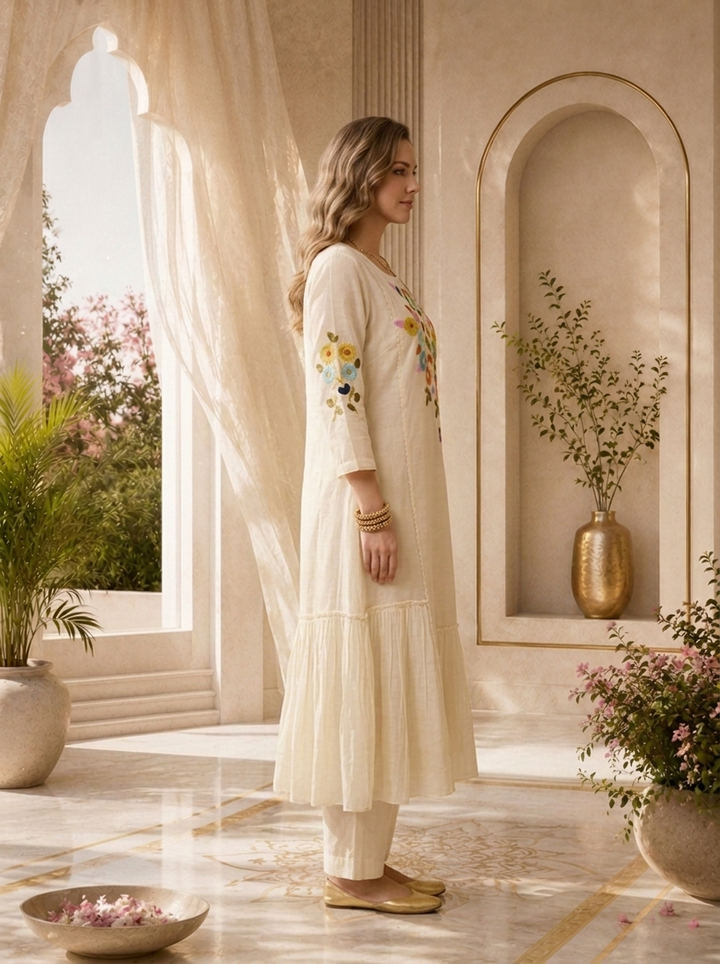 White Chanderi Floral Thread Embroidered Long Dress