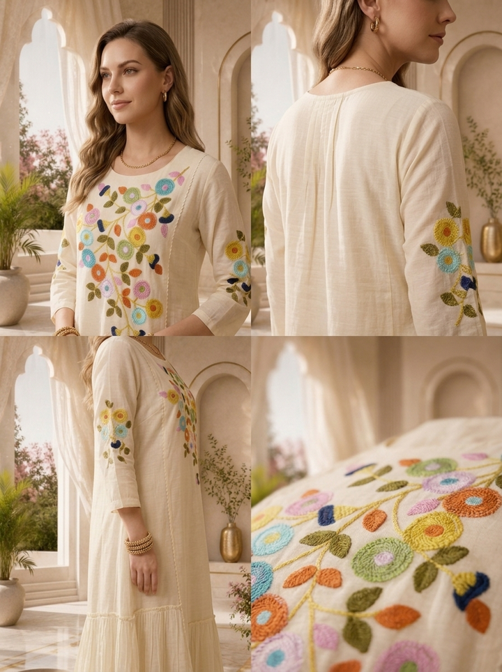 White Chanderi Floral Thread Embroidered Long Dress