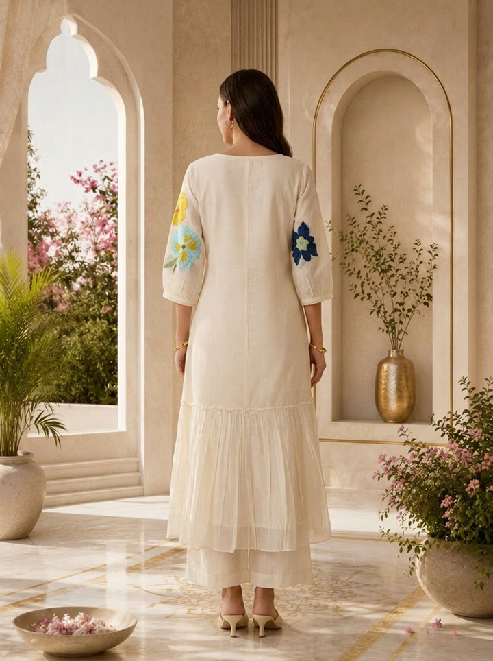 Cream Chanderi Floral Thread Embroidered Long Dress