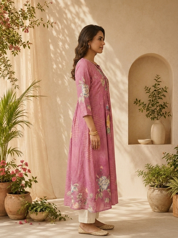 Onion Pink Striped Design And Floral Printed Long Dress