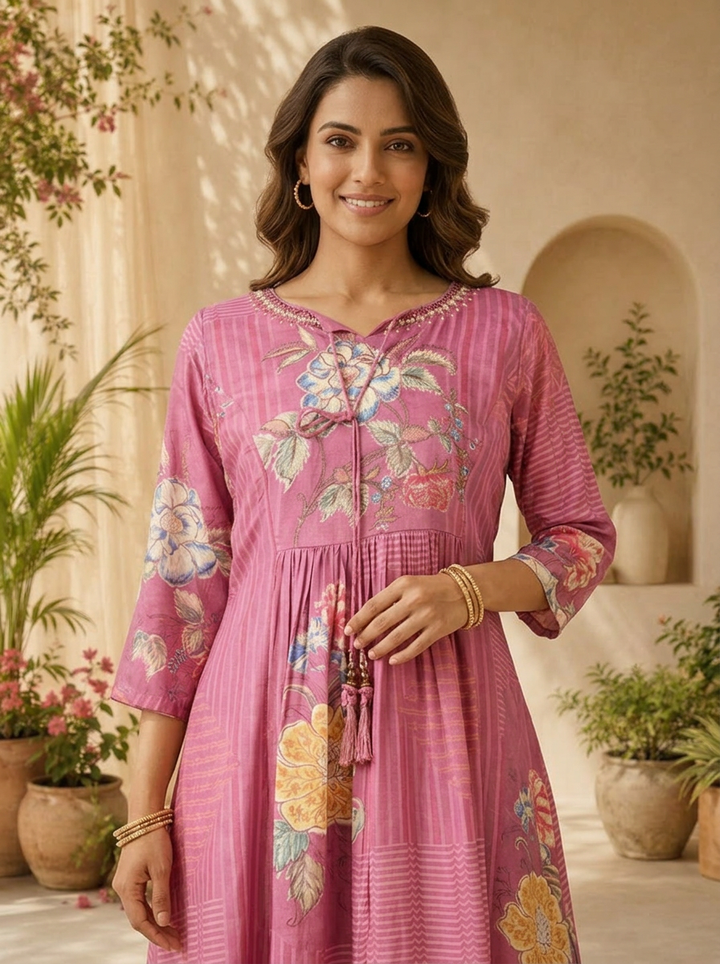 Onion Pink Striped Design And Floral Printed Long Dress
