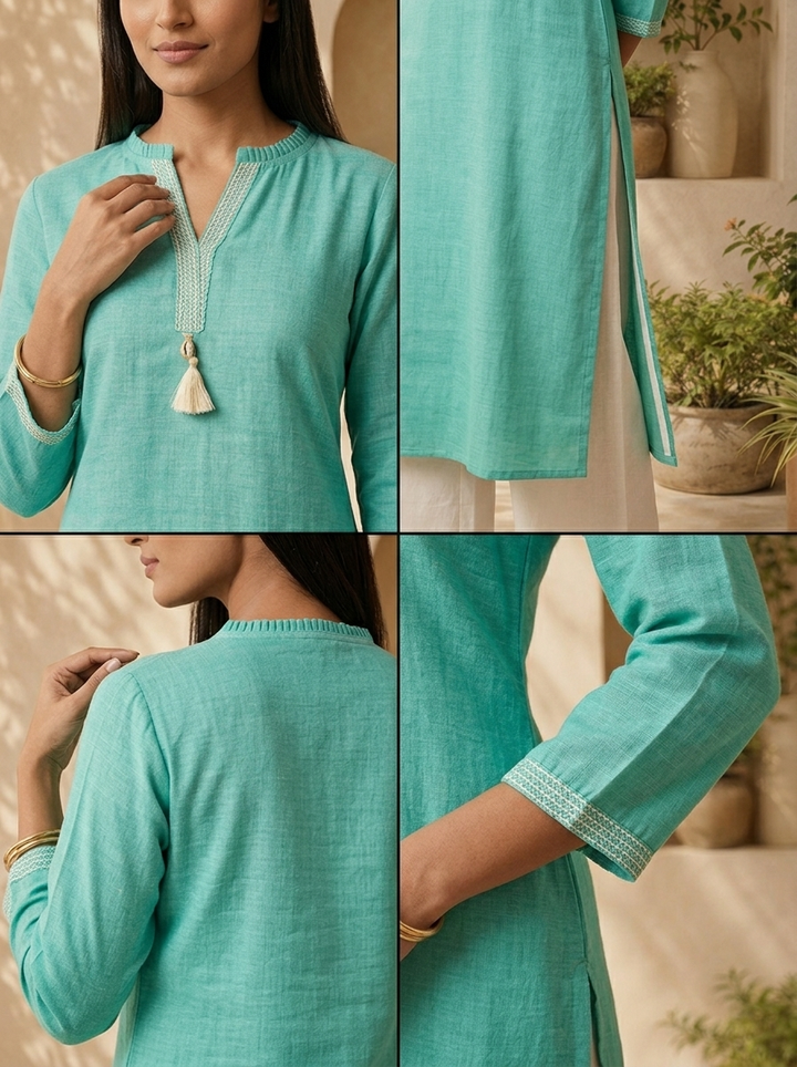 Mint Aqua Solid Design And Thread Embroidery Linen Kurta