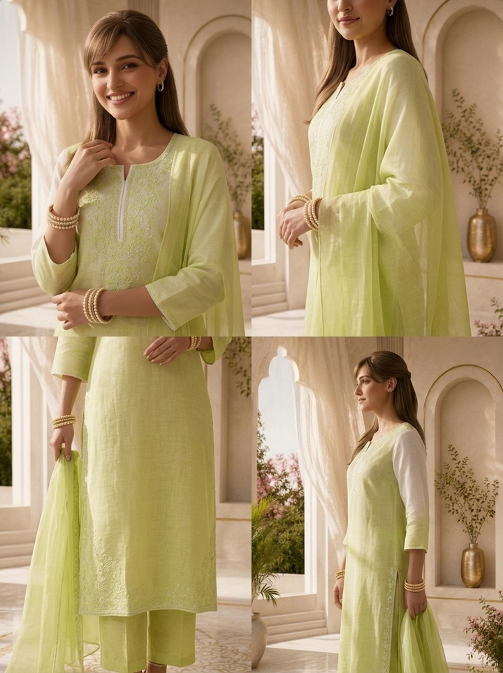 Pista And Cream Floral Thread Embroidery Linen Three Piece Set