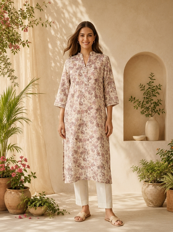 Onion Pink Cotton Printed And Patch Embroidered Kurta