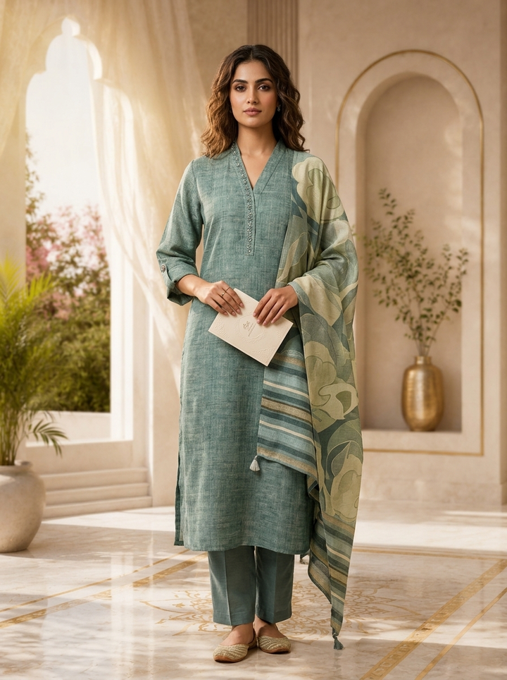 Olive Silk Sequins Embroidery And Solid Design Three Piece Set