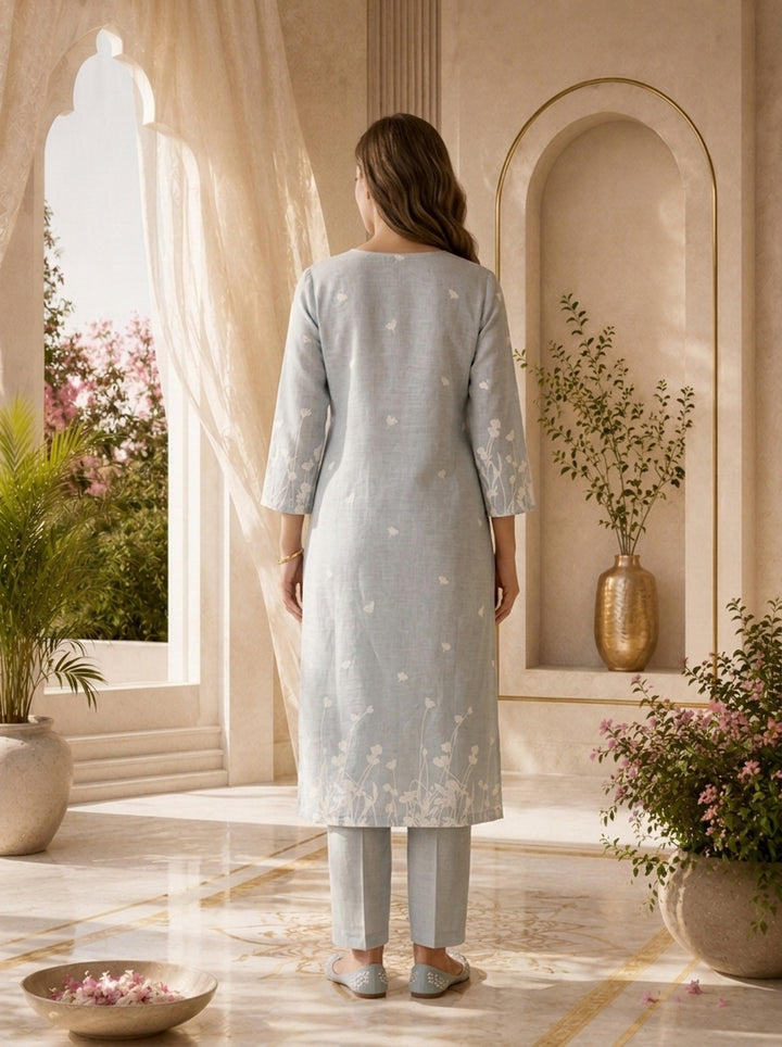 Grey Heavy Thread Embroidered Linen Two Piece Set