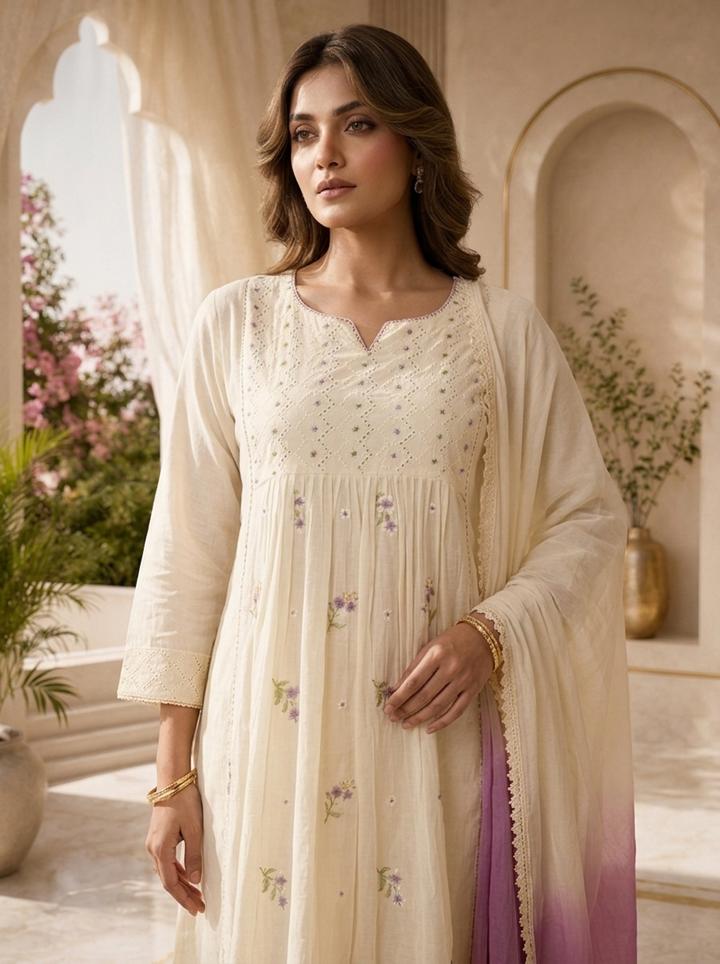 Cream Cotton Hand Embroidery And Chikankari Design Three Piece Set