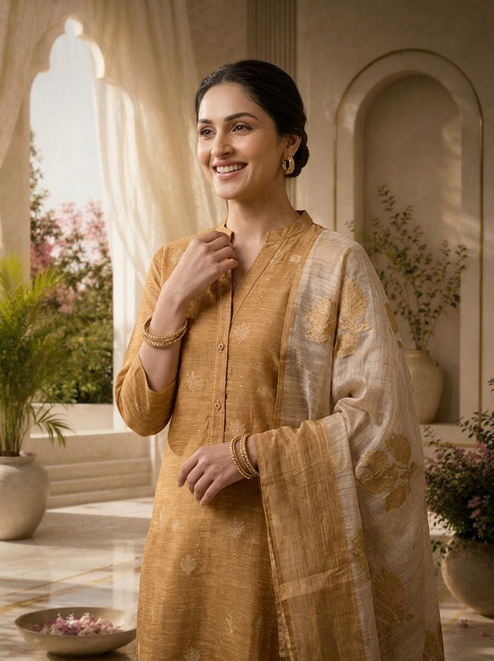Gold Silk Three Piece Set With Gold Leaf Motifs