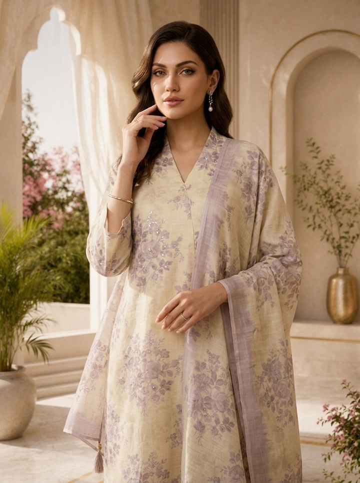 Lilac And Cream Floral Printed Linen Three Piece Set