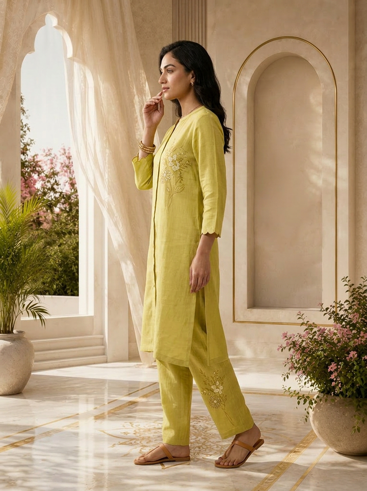 Green Floral Hand Embroidered Linen Two Piece Set