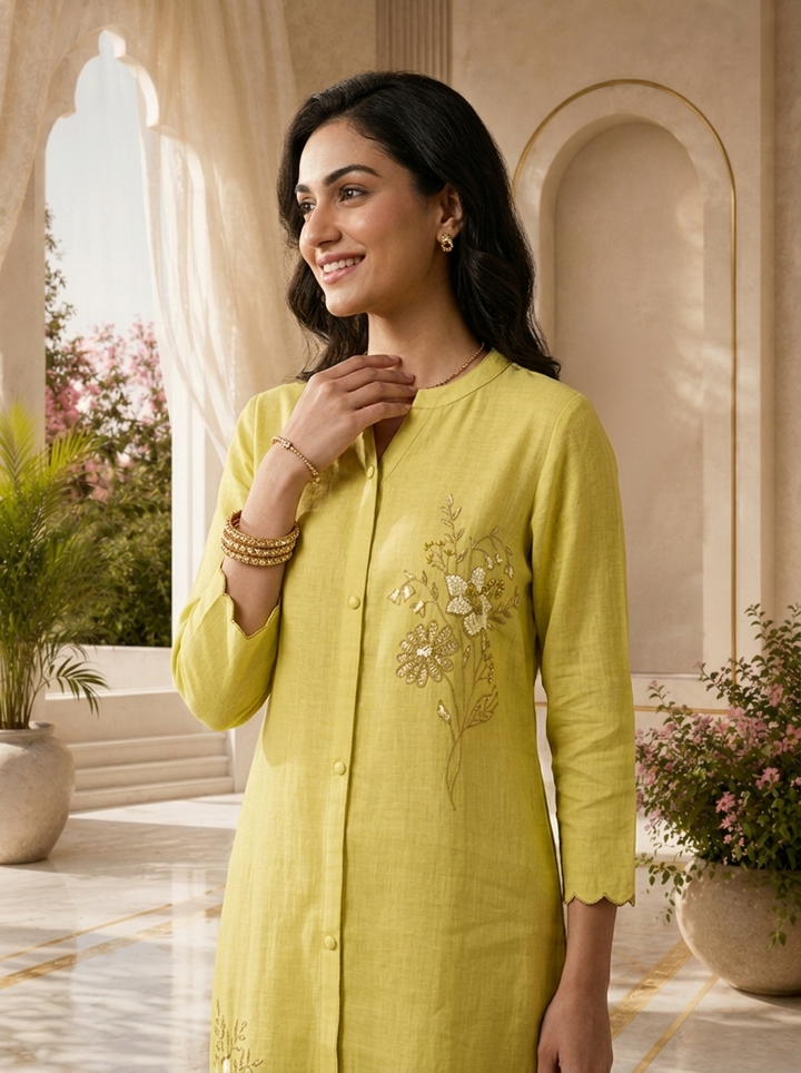 Green Floral Hand Embroidered Linen Two Piece Set