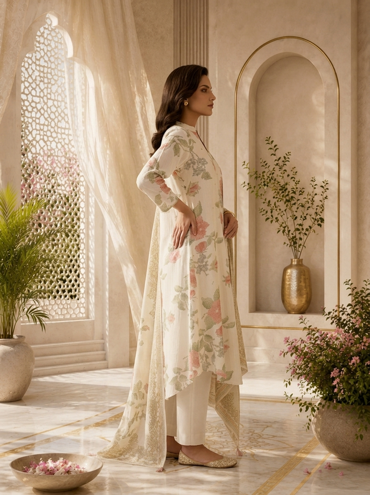 Off White Rayon Floral Printed Three Piece Set
