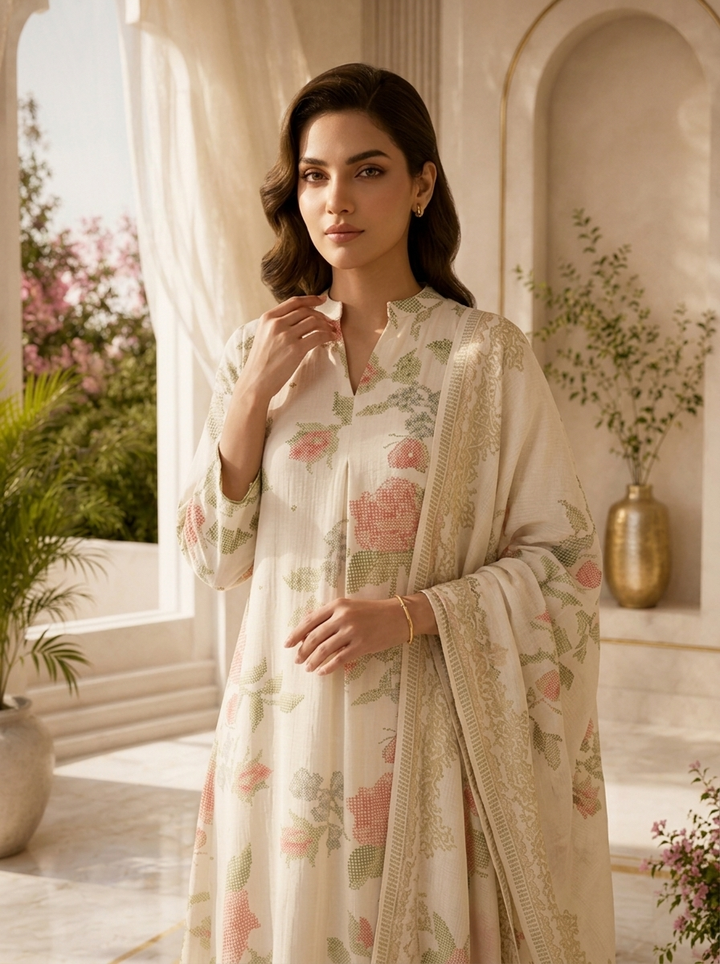Off White Rayon Floral Printed Three Piece Set