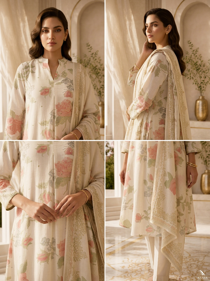 Off White Rayon Floral Printed Three Piece Set