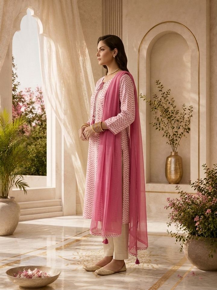 Pink Linen Mirror Embroidery And Striped Design Three Piece Set