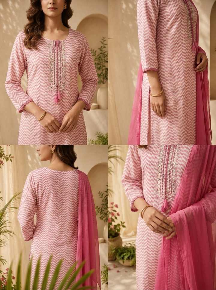 Pink Linen Mirror Embroidery And Striped Design Three Piece Set