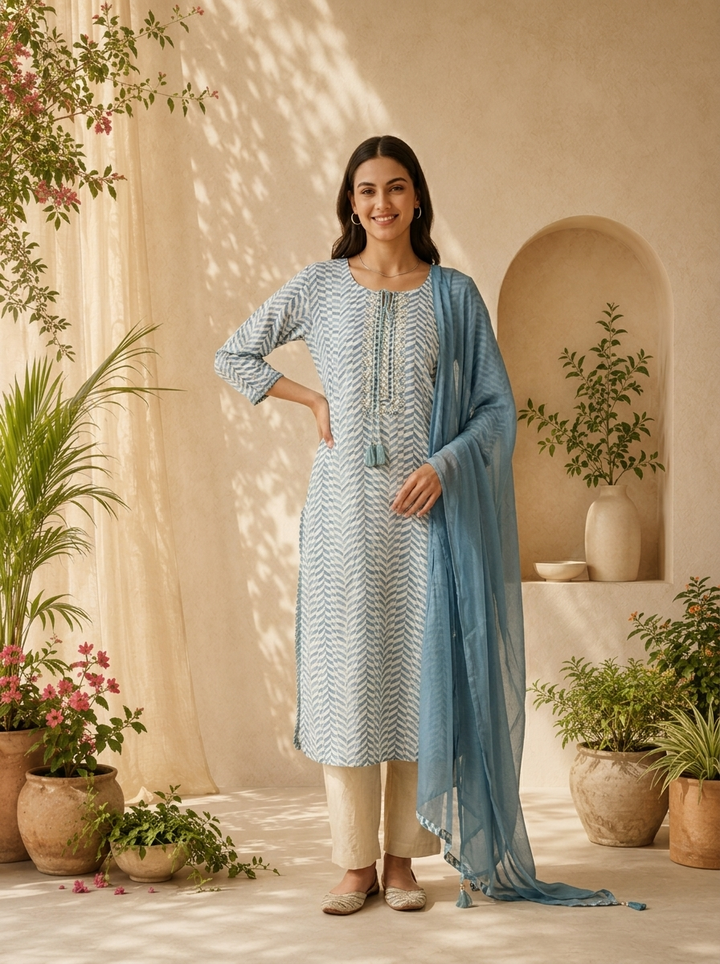 Blue Linen Mirror Embroidery And Striped Design Three Piece Set