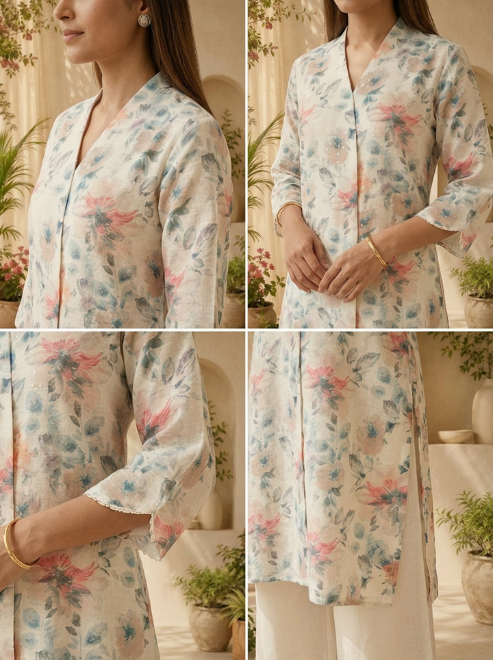Off White Linen Sequins Hand Embroidered Kurta