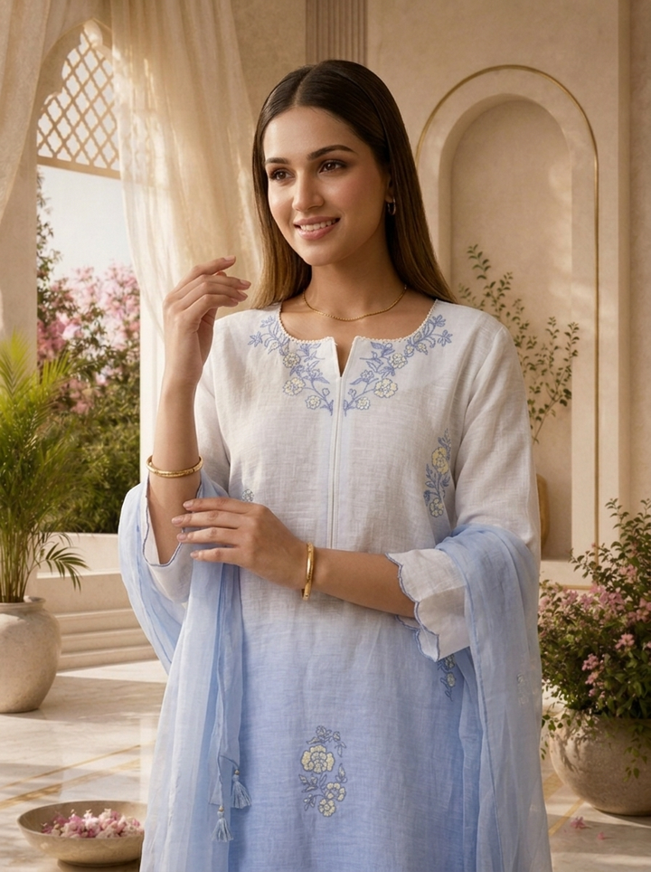Sky Blue Hand Embroidered Linen Three Piece Set