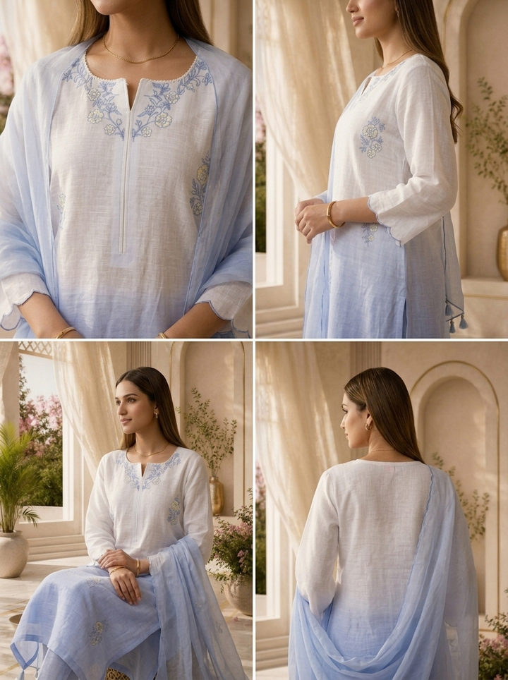 Sky Blue Hand Embroidered Linen Three Piece Set