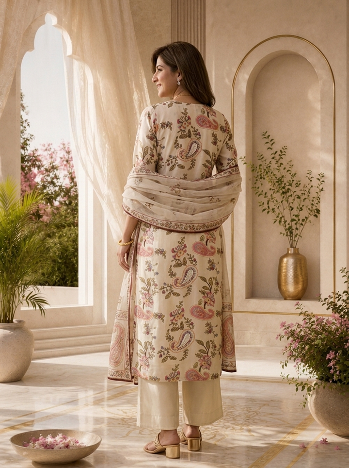 Off White Paisley Printed And Hand Embroidery Crepe Three Piece Set