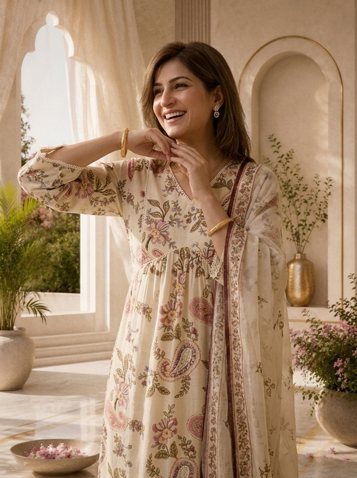 Off White Paisley Printed And Hand Embroidery Crepe Three Piece Set