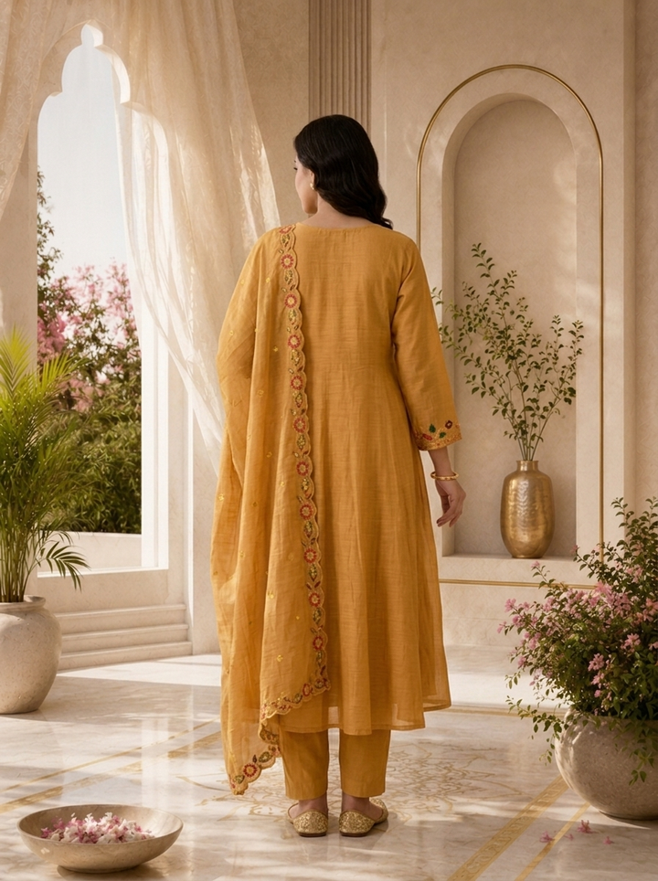 Mustard Pleated Design And Floral Thread Embroidery Chanderi Three Piece Set