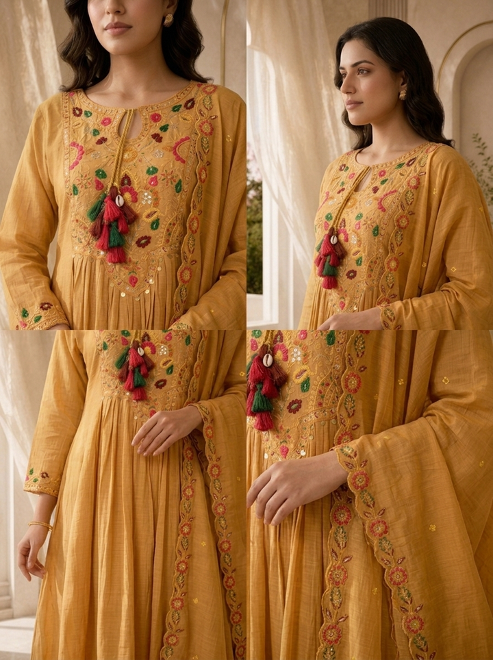 Mustard Pleated Design And Floral Thread Embroidery Chanderi Three Piece Set