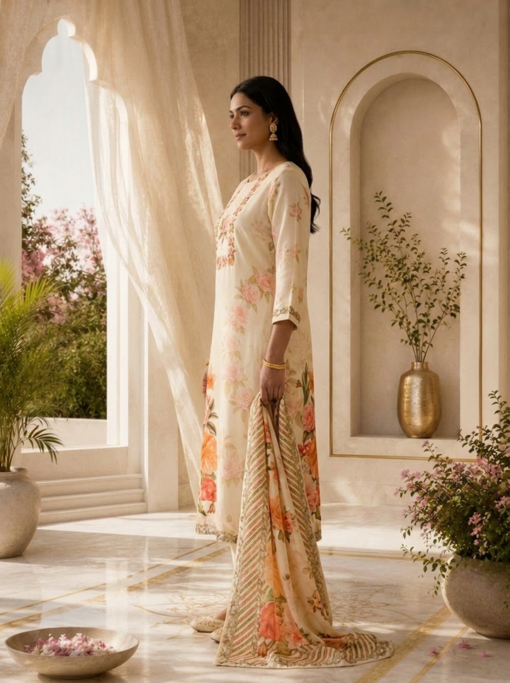 Cream Floral Digital Print Silk Three Piece Set