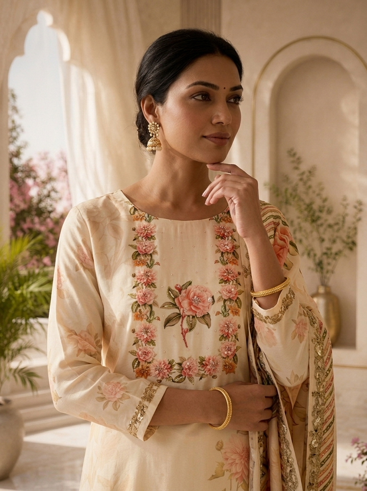 Cream Floral Digital Print Silk Three Piece Set