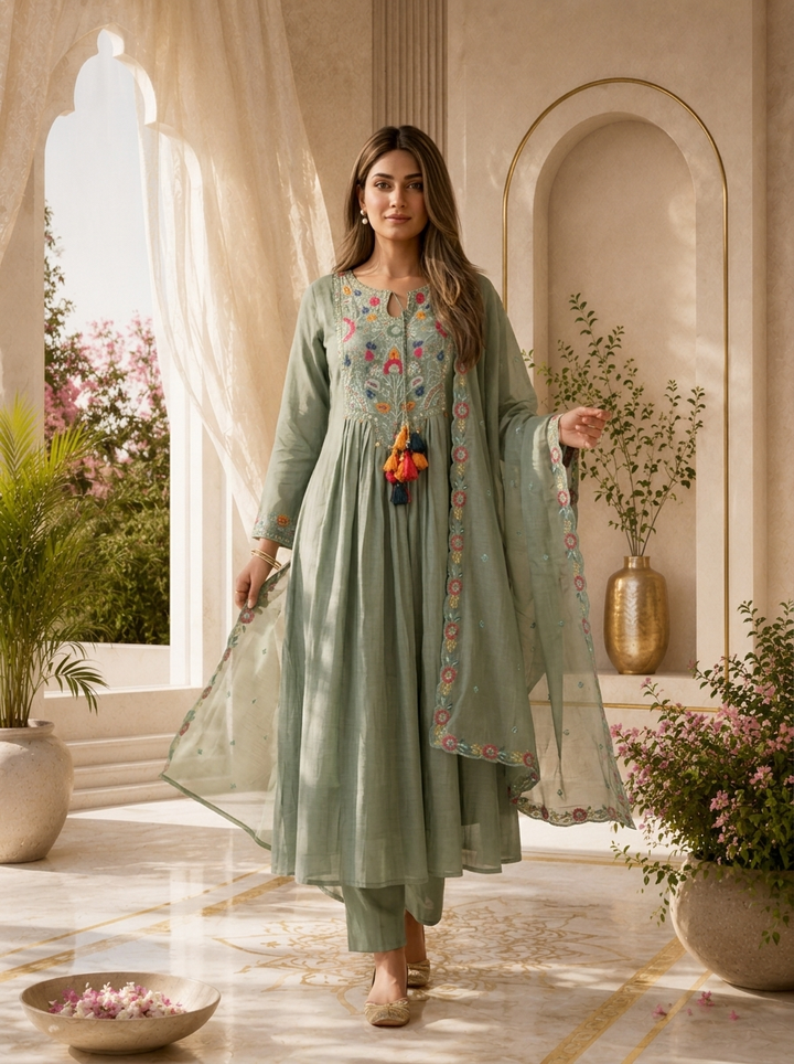 Green Pleated Design And Floral Thread Embroidery Chanderi Three Piece Set