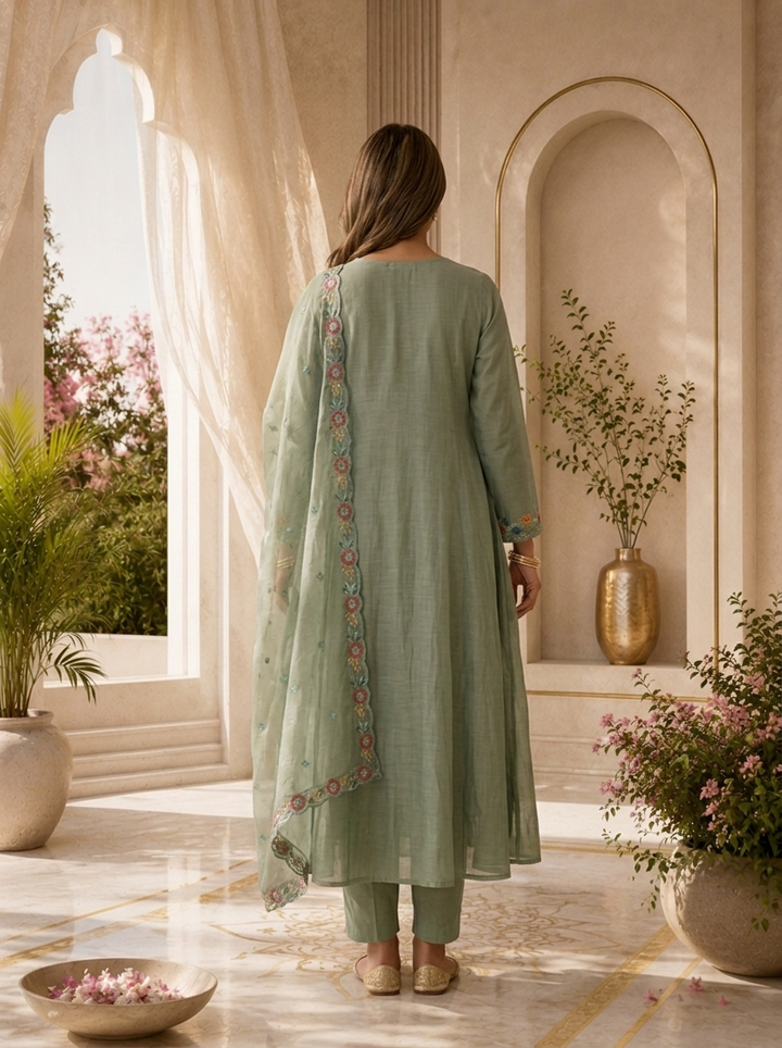 Green Pleated Design And Floral Thread Embroidery Chanderi Three Piece Set