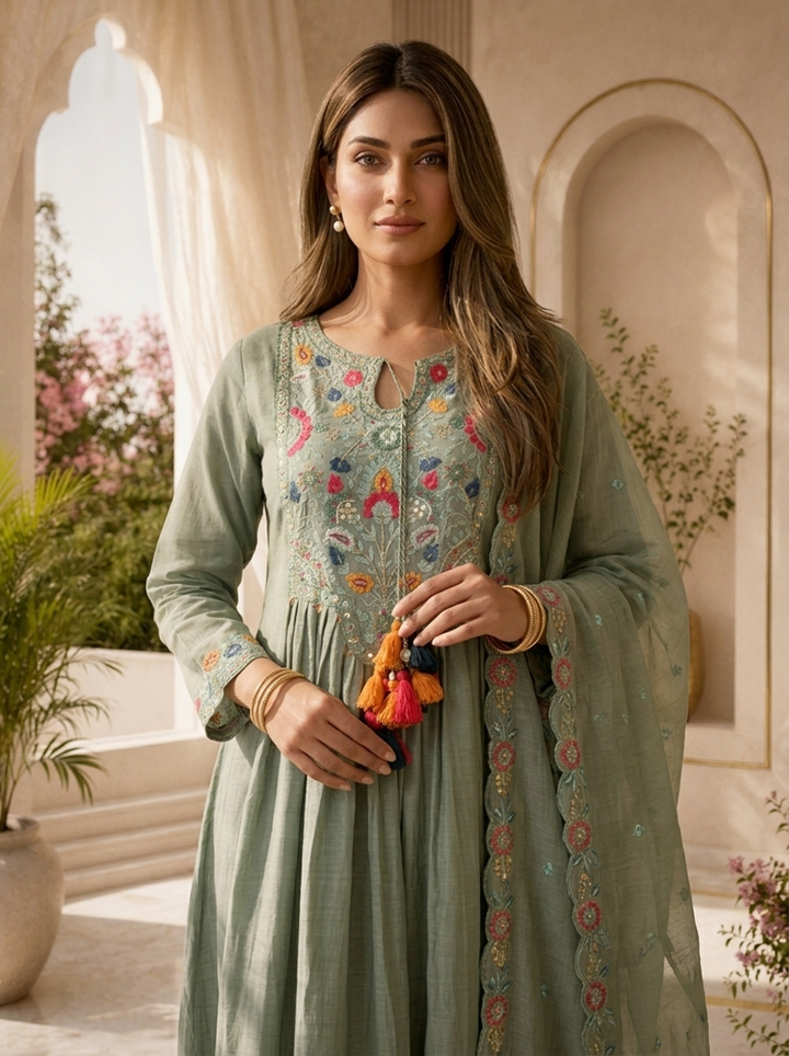 Green Pleated Design And Floral Thread Embroidery Chanderi Three Piece Set