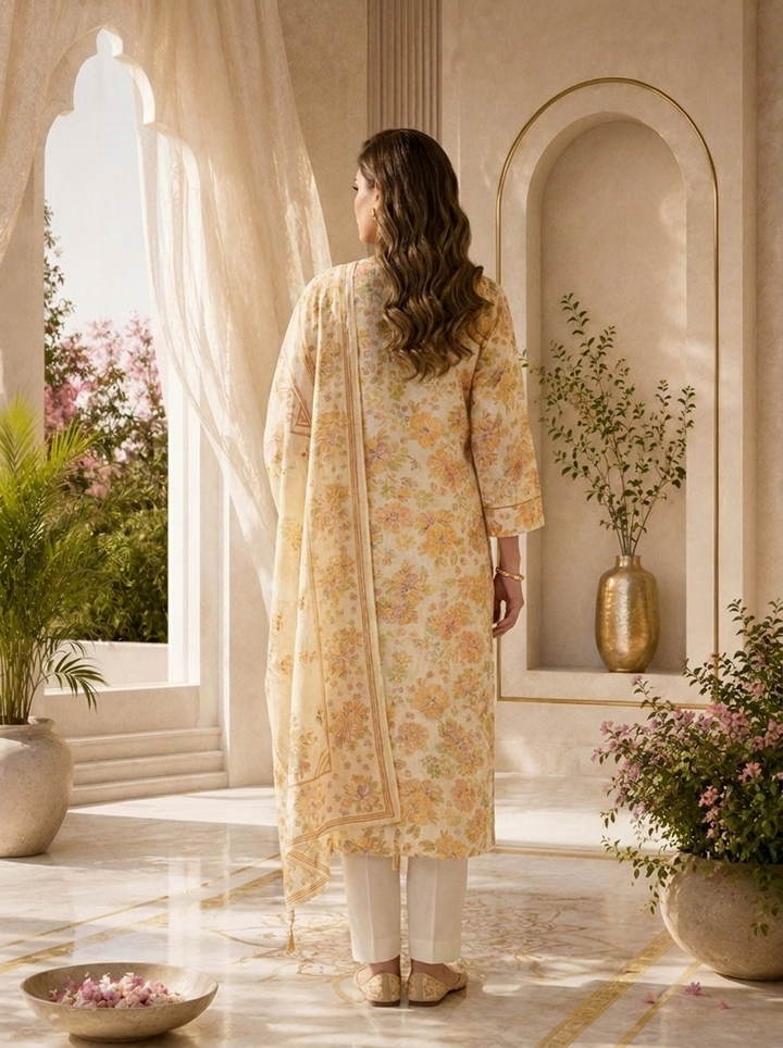 Lime Yellow Rayon Floral Printed Three Piece Set