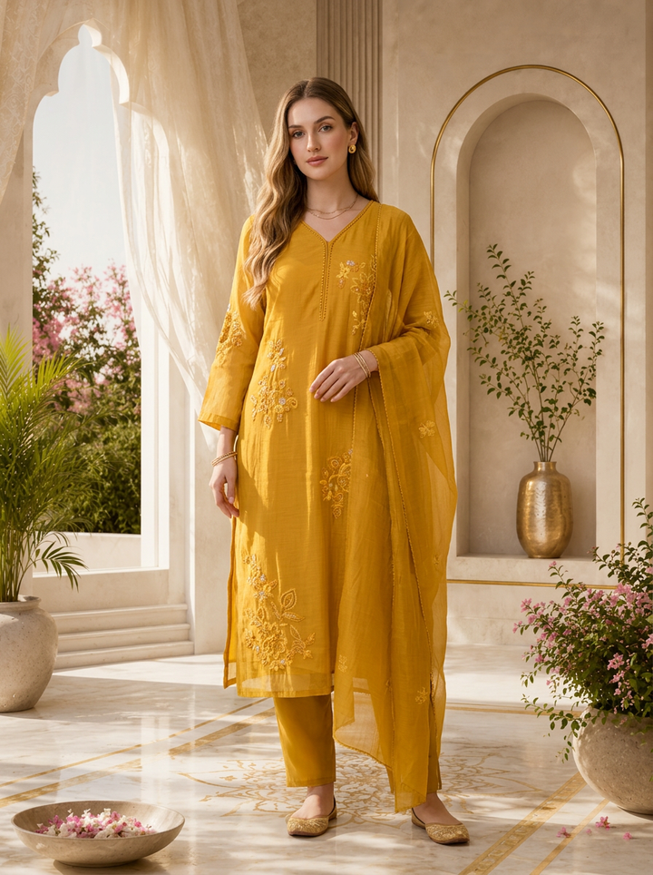 Mustard Beads And Thread Embroidery Chanderi Three Piece Set
