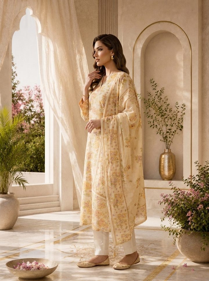 Lime Yellow Rayon Floral Printed Three Piece Set