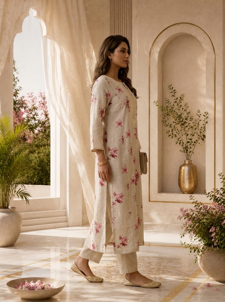 Beige Thread Embroidery And Printed Linen Two Piece Set